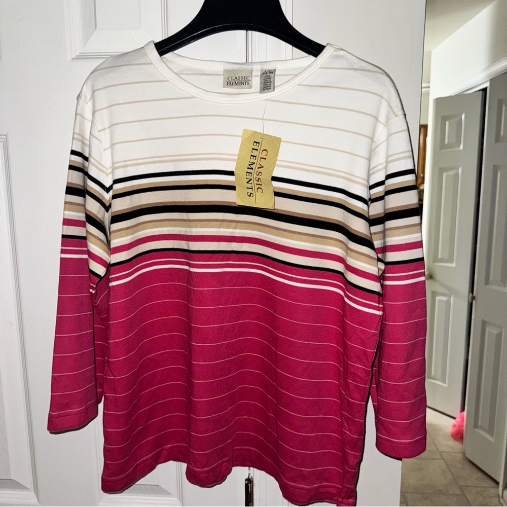 Classic Elements Women's L (14-16) Striped Knit Top 3/4 Sleeve Pink White Beige - Picture 2 of 14